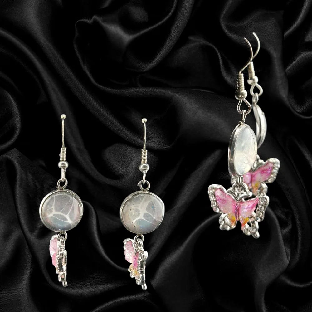 12mm Abstract Glass & Butterfly Charm Earrings-B handmade fluid art by Fuzzy Trio Design in Phoenix, AZ