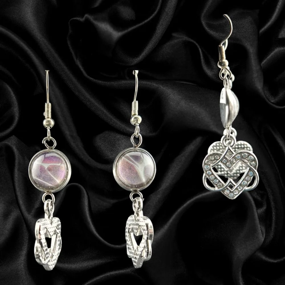12mm Abstract Glass & Diamond Heart Dangle Earrings handmade fluid art by Fuzzy Trio Design in Phoenix, AZ