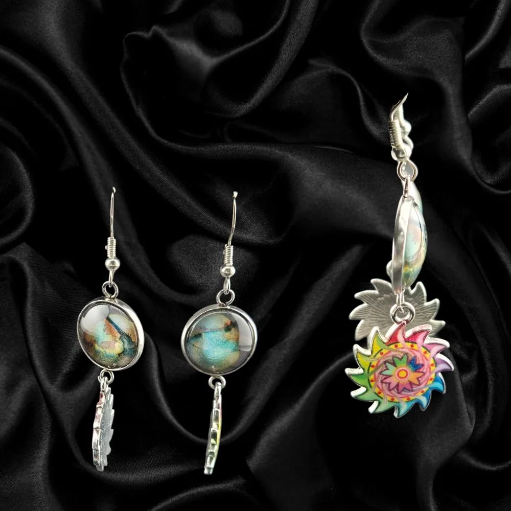 12mm Abstract Glass & Multicolor Wheel Charm Earrings handmade fluid art by Fuzzy Trio Design in Phoenix, AZ