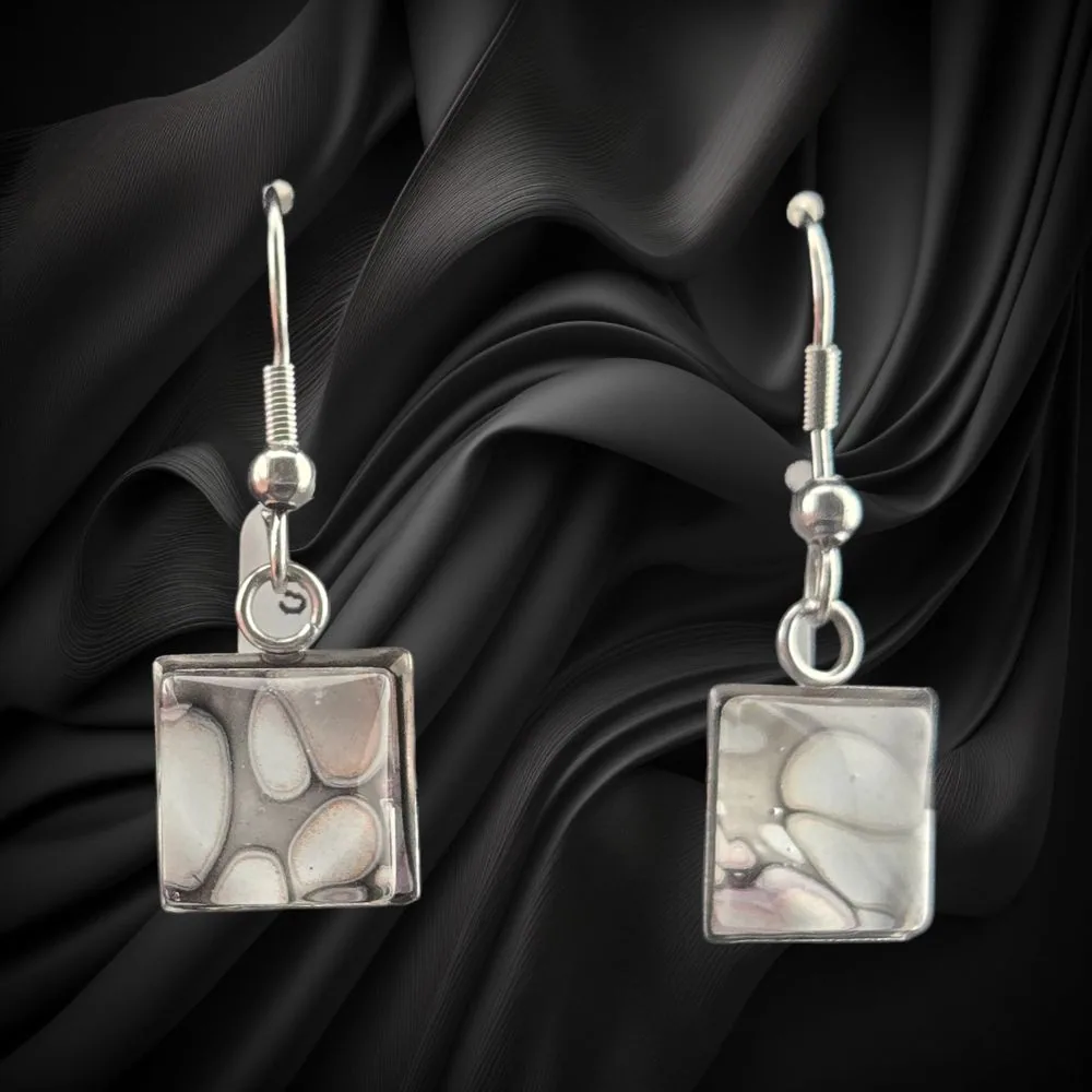 Neutral Flow Square Drop Earrings handmade fluid art by Fuzzy Trio Design in Phoenix, AZ