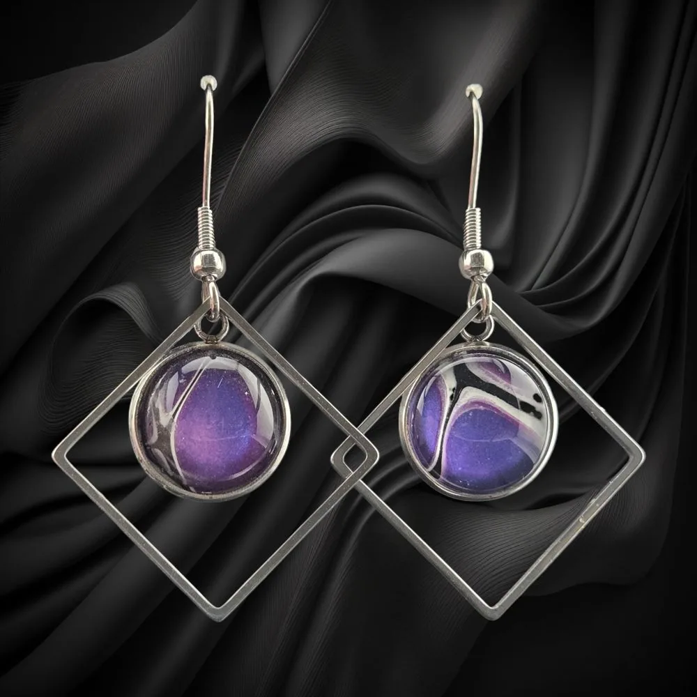 Purple Marble Abstract Geometric Dangle Earrings handmade fluid art by Fuzzy Trio Design in Phoenix, AZ
