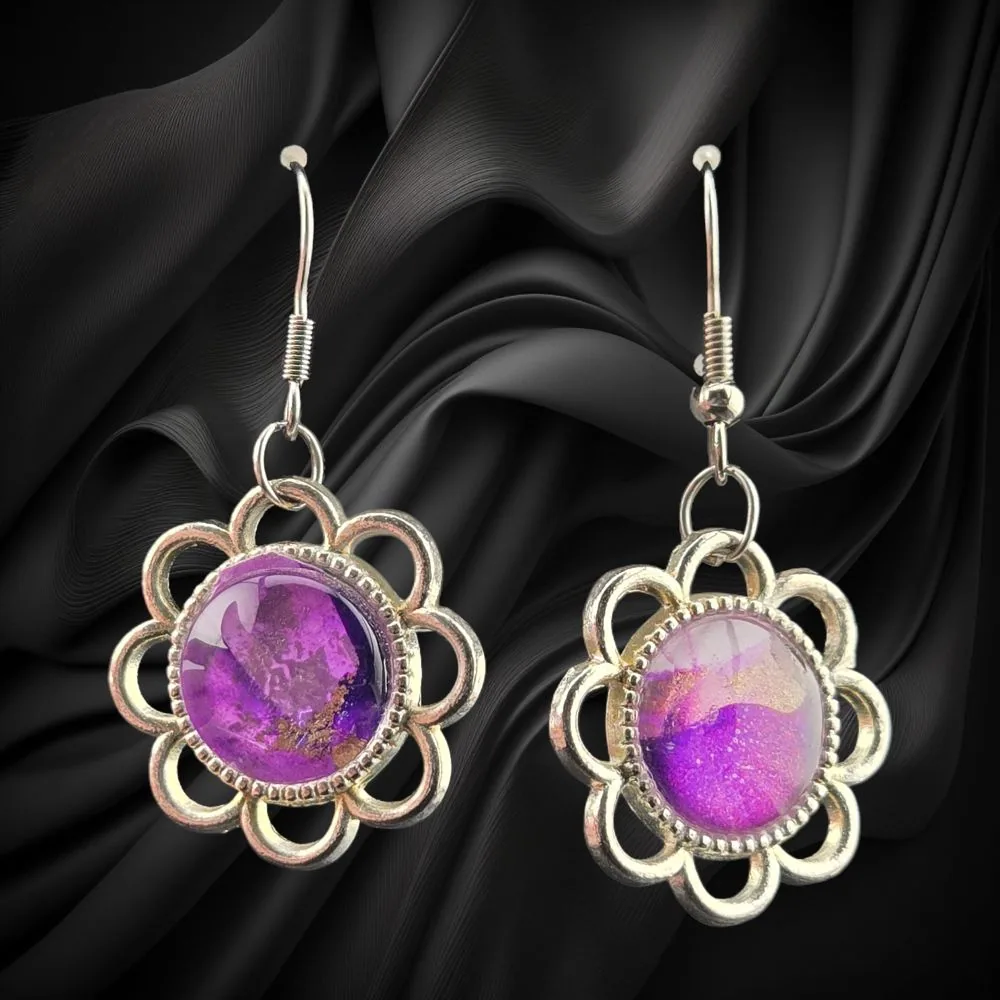 Purple Shimmer Flower Dangle Earrings handmade fluid art by Fuzzy Trio Design in Phoenix, AZ
